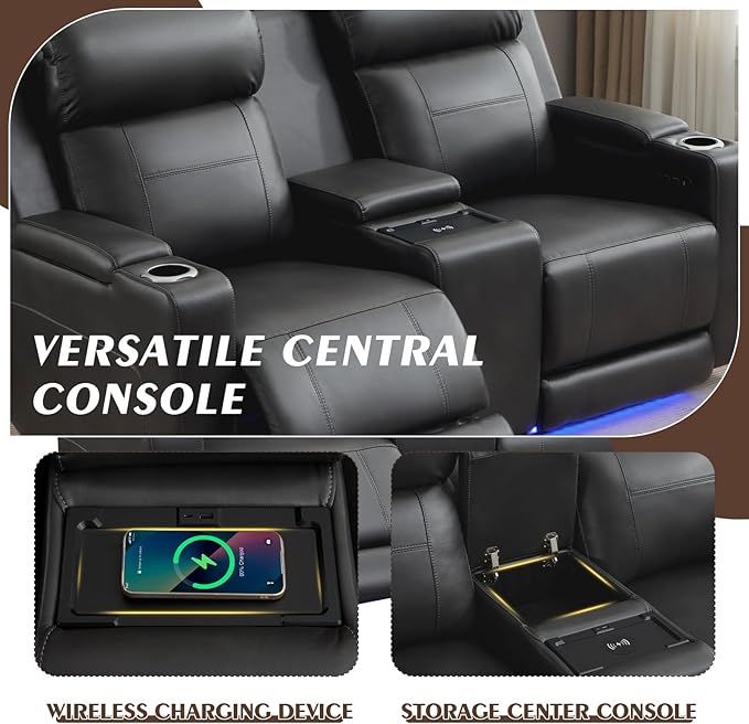 Power Reclining Loveseat with Console/Wireless Charging, Power Loveseat Recliner Sofa with Power Headrest/LED Light/Armrest Storage, Wall Hugger Reclining Loveseat(Dark Grey, 2 Seater)