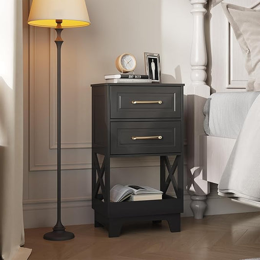 Tall Nightstand Set of 2 Side Table with 2 Drawers Modern Night Stand Wooden End Table Bedside Table with Below Open Shelf Solid Feet for Bedroom Black