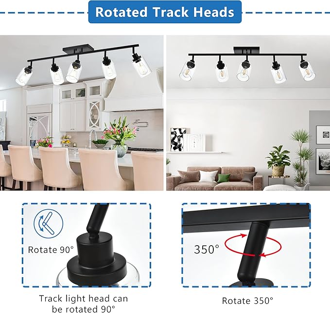 MELUCEE 5 Light Vanity Lights for Bathroom with Rotatable Light Head, Black Ceiling Light Fixture with Clear Glass Shade, Modern Spotlight Track Lighting Kit for Hallway Porch Foyer Bath