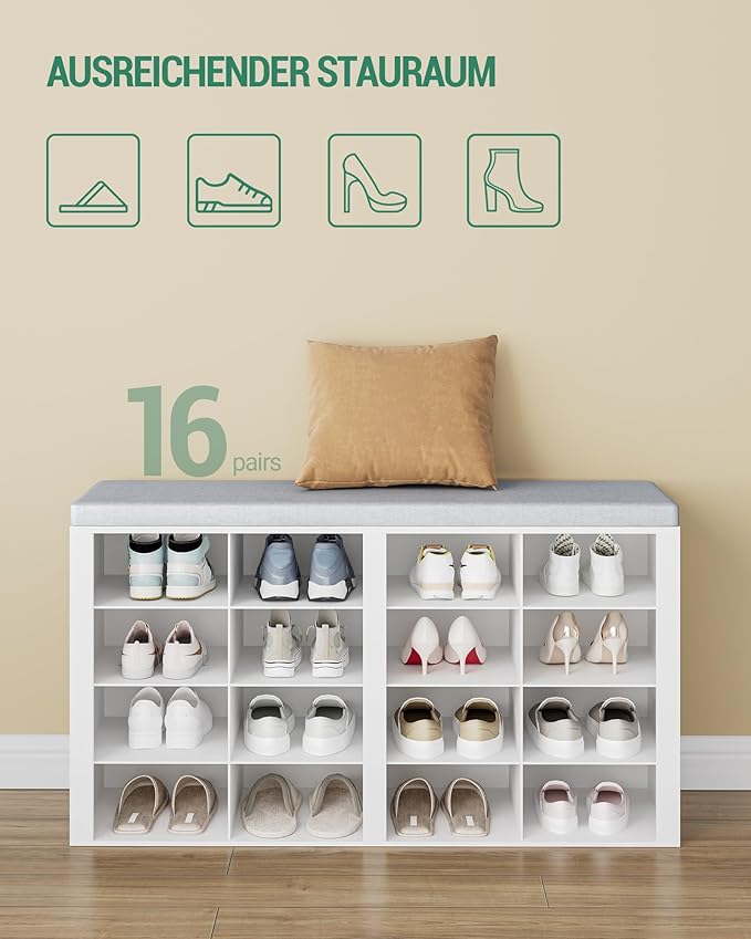Shoe Bench with Cushion, Entryway Storage Bench with 16 Cubbies, Cubby Shoe Rack with Adjustable Shelves, Shoe Organizer Cabinet for Living Room, Bedroom, Entryway, White SB25603GY