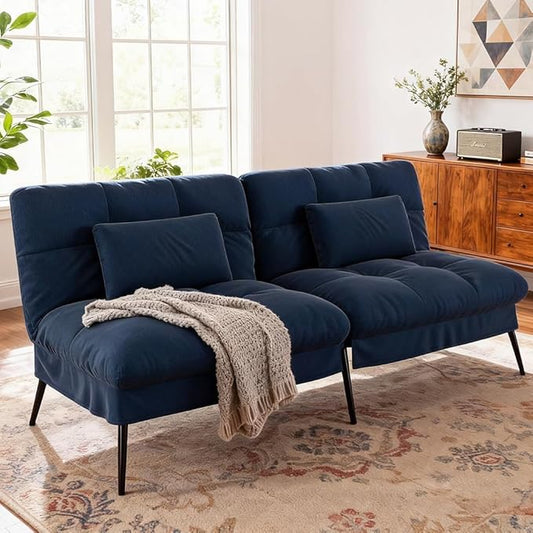 COMHOMA Convertible Sofa Bed,72″Fabric Couch with Adjustable Backrest,Loveseat Recliner Sleeper Living Room Furniture futon Set (Blue)