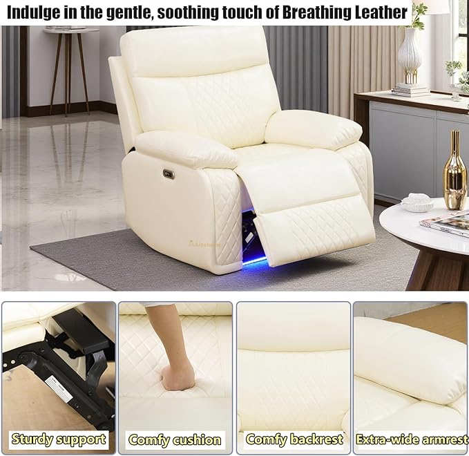A Ainehome Power Theater Recliner Chair, Electric Leather Reclining Sofa Couch Chairs for RV, Single Recliner for Living Room, Reclining Chair with Arm Storage, Bedroom, Lounge, Office