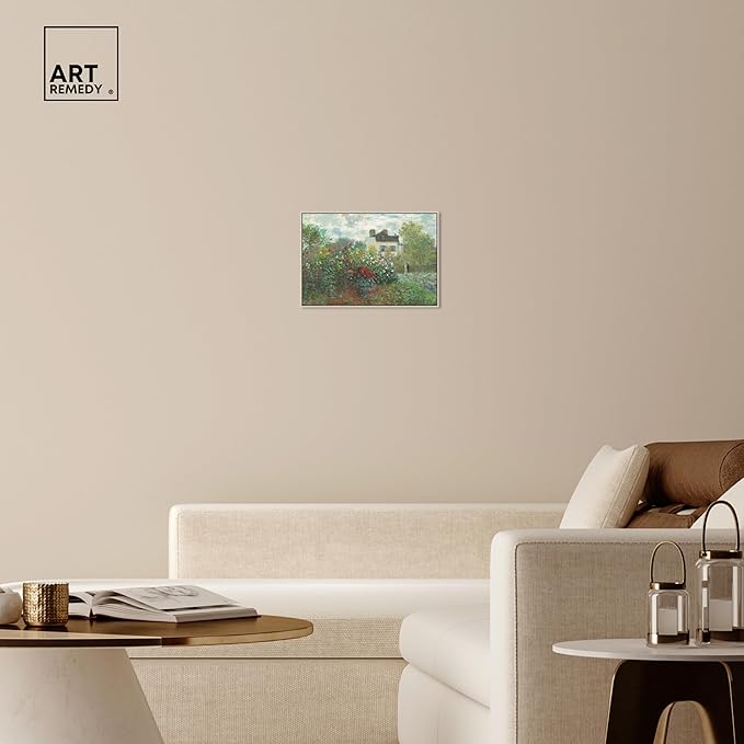 Art Remedy Monet-Garden With Dahlias Impressionism Classic Landscape Paintings Canvas Wall Art, Silver Floater Frame, 20"x30"