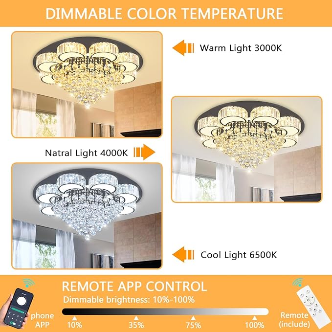 31.4'' Black Modern Crystal Chandeliers for Dining Room LED Dimmable Light Fixtures Flush Mount Light Living Room Bedrooms