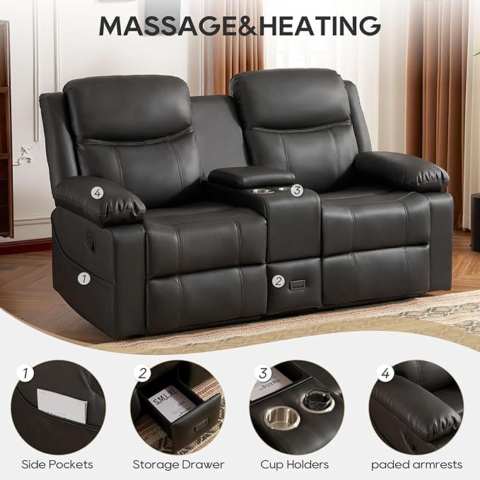 Reclining Loveseat Sofa with Massage & Heat, Recliner Couch, RV Love Seat Chair, Side Pockets, Extra Storage, Cup Holders, Adjustable Headrest & USB Ports for RV, Home Theater, Living Room