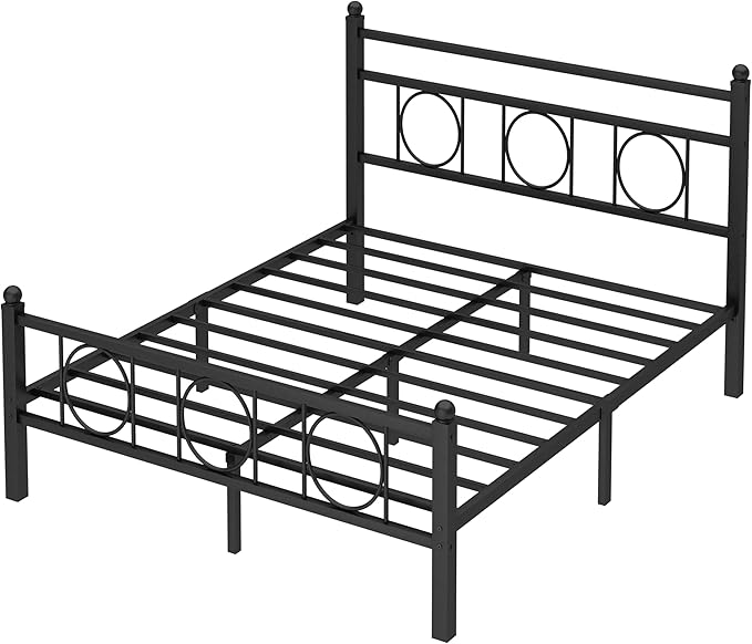 Full Size Bed Frame Classic Metal Platform Bed Frame Mattress Foundation with Victorian Style Iron-Art Headboard/Footboard/Storage Space/No Box Spring Needed/Black