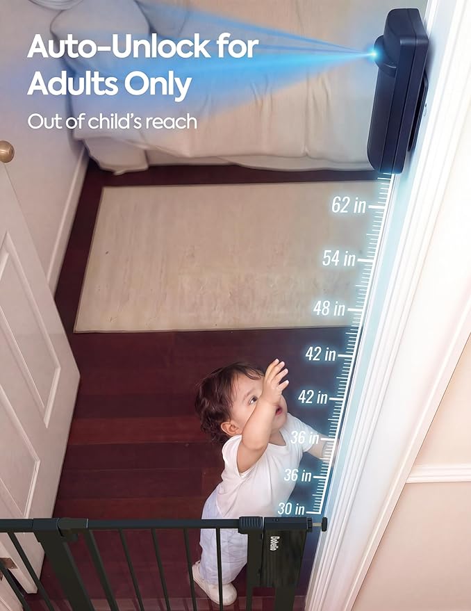 Babelio Smart Baby Gate with Auto-Unlock/Close, Pressure Mounted No Drill for Doorways/Top of Stairs. Pet/Dog Door Wide Walk Thru w/Infrared Sensor & Instant Safety Alert (Black, 26.3-37.8" W, 30" H)