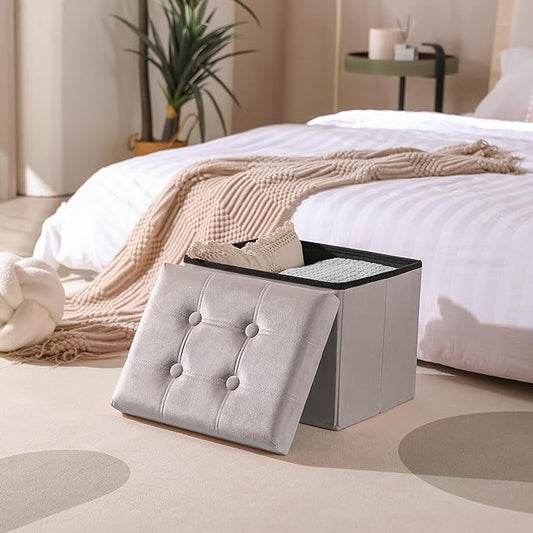 PRANDOM Ottoman with Storage [1-Pack] Velvet Folding Small Square Foot Stool with Lid for Living Room Bedroom Coffee Table Dorm Light Grey 17x13x13 inches