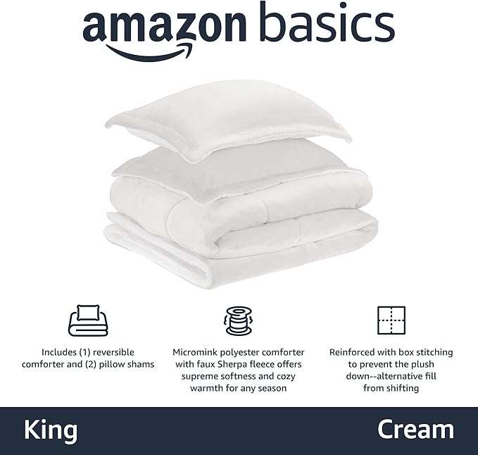 Amazon Basics 3-Piece Down Alternative Bedding Set, Micromink Sherpa Comforter, Ultra-Soft, Machine Washable, Reversible Fleece, King, Cream