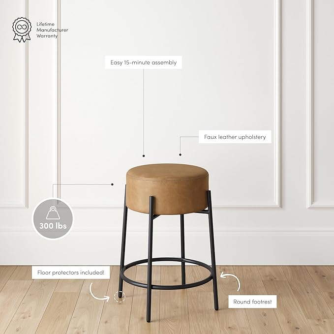 Nathan James Isaac 24" Modern Backless Bar Stool with Round Soft Padded Upholstered Seat and Metal Mid-Century Base, PU Light Brown/Black, Set of 2