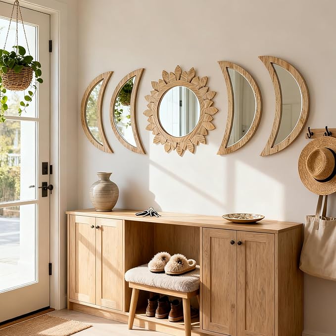 5 Pieces Moon Phase Mirror Wall-Mounted Wall Decor Mirrors Natural Wooden Sunburst Bohemian Wall Art for Home Living Room Bedroom Decoration (Natural)