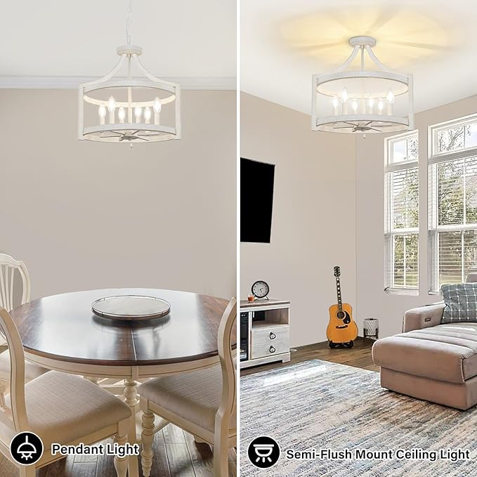 Farmhouse Chandelier for Dining Room, 6-Light Distressed White Hanging Light Convertible Semi Flush Mount Ceiling Light Fixture, Metal Vintage Pendant Lighting for Kitchen Foyer Entryway
