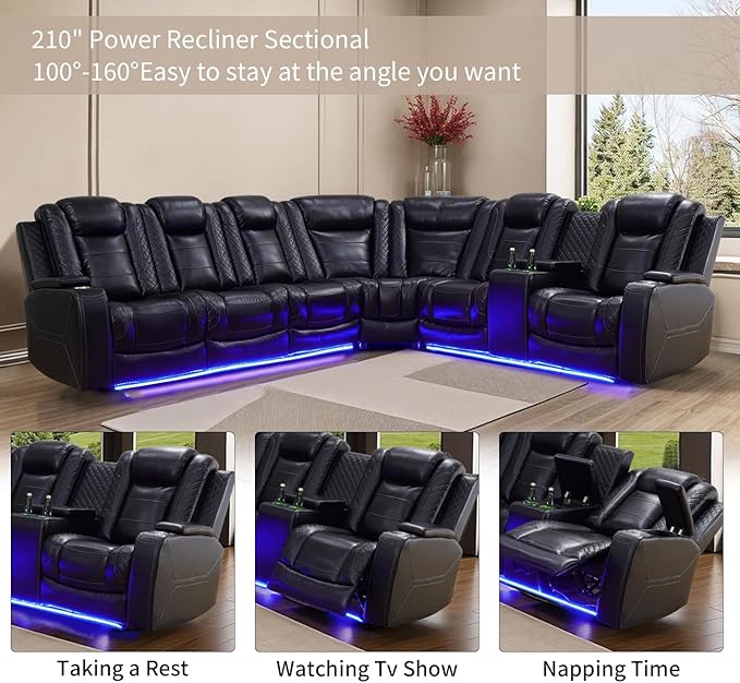 Power Recliner Sofa Sectional Couches with LED Light,Leather Reclining Corner Sectional Sofa with 2 Recliner Seats,Cup Holders,Storage Console for Living Room，Black