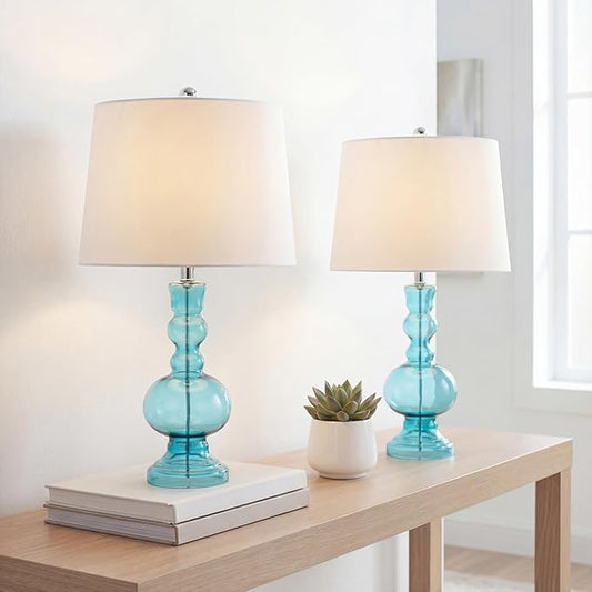 JONATHAN Y 28.5" Blue Glass Table Lamp Set of 2 for Living Room Bedroom Decor, Modern Bedside Lamps with White Linen Shade, LED Bulbs Included JYL1061A-SET2
