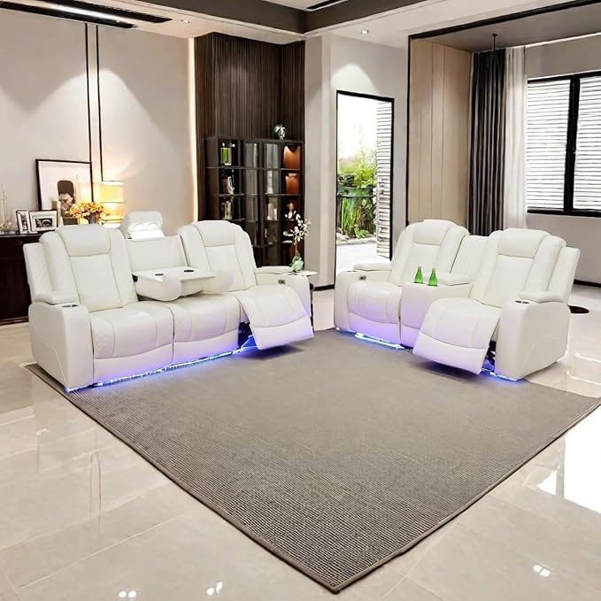 A Ainehome Power Leather Recliner Sofa Set with LED Lights, Recliner Sofa Sectional Couches for Living Room, Reclining Sofa and loveseat with USB Port/Storage Console(Creamy White,Sofa+loveseat)