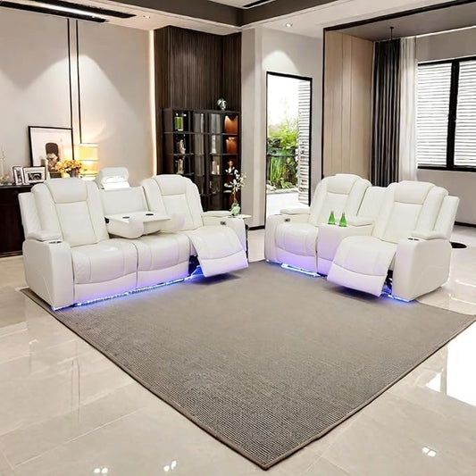 A Ainehome Power Leather Recliner Sofa Set with LED Lights, Recliner Sofa Sectional Couches for Living Room, Reclining Sofa and loveseat with USB Port/Storage Console(Creamy White,Sofa+loveseat)