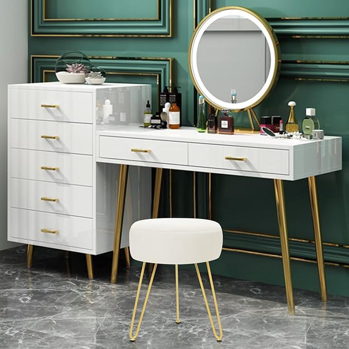 Velvet Soft Modern Vanity Footstool -Round Footrest Stool Ottoman Side Table Seat Dressing with Golden Metal Leg and Sponge Filling,Upholstered Foot Rest,Living Room and Bedroom （Beige）