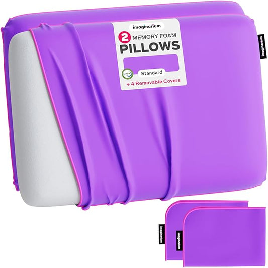 Imaginarium 2 Pack Memory Foam Pillows for Bed – 16" x 24" Standard – Fun Decorative Colorful Pillow for Sleeping – Back, Stomach & Side Sleepers – Plus 2 Extra Cooling Covers (Galactic Purple)