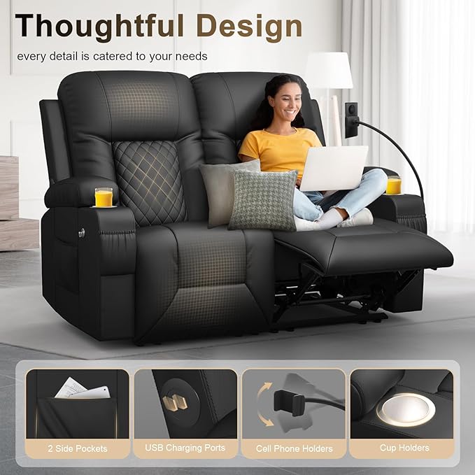 YONISEE Loveseat Recliner, Loveseat Recliner Sofa with Storage, Recliner Chair with USB Ports, 2 Cell Phone Holders, Cup Holder, Loveseat Couch for Living Room Home Theater Seating