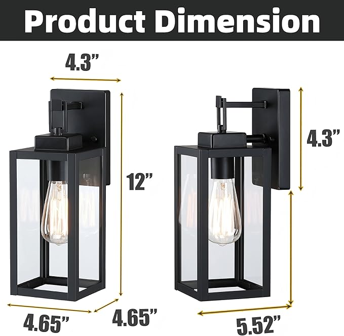 12” Black Wall Sconce Lights-12 Inch Outdoor Wall Light,Exterior Sconce Steel and Glass Outdoor Porch Light, Black Lantern for Front Porch Garage Balcony