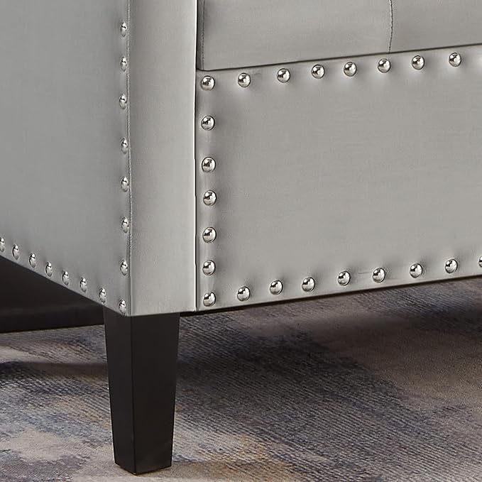 Velvet Storage Ottoman with Armrests, Upholstered Button Tufted Entryway Bench with Nails Trim for Bedroom End of Bed, Living Room,Gray