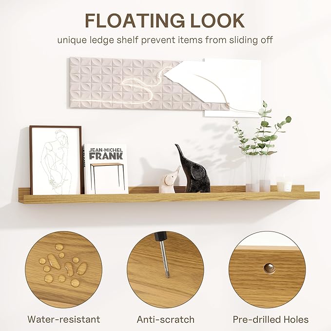 Fun Memories Long Wall Shelves Set of 2-60 Inch Floating Shelves for Wall - Picture Ledge Shelf with Lip for Storage - Wall - Mounted Shelves for Bedroom - Living Room - Kitchen - Oak Color
