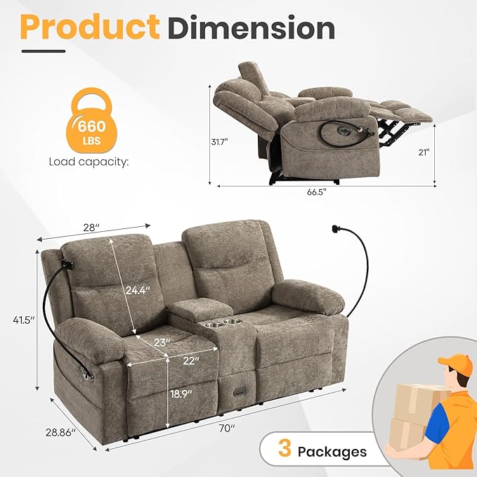 Loveseat Recliner Sofa, Reclining Loveseat with Console, RV Wall Hugger Double Loveseat Recliner Couch for Living Room & Home Theater (Chenille-Camel)