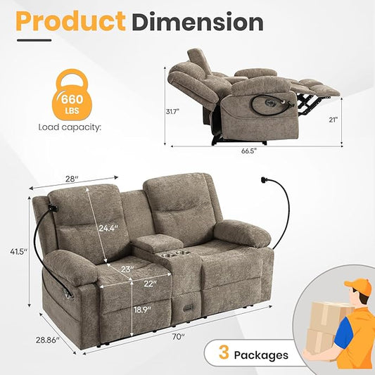 Loveseat Recliner Sofa, Reclining Loveseat with Console, RV Wall Hugger Double Loveseat Recliner Couch for Living Room & Home Theater (Chenille-Camel)