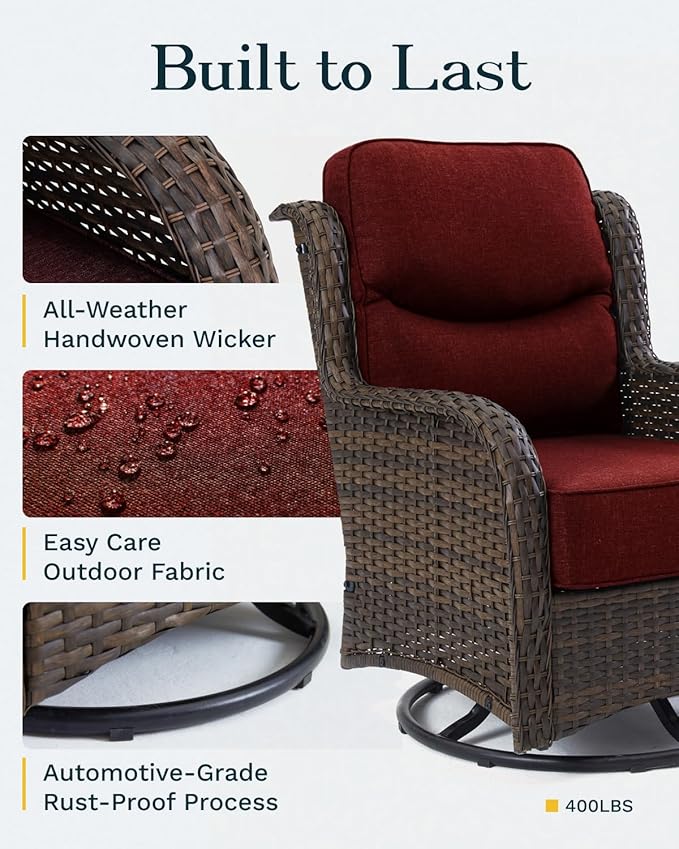 High Back Outdoor Furniture with Extra Thick Cushion Patio Swivel Rocking Chairs, 3PCS Oversized Comfort Wicker Conversation Set for Porch, Deck, Yard in Burgundy