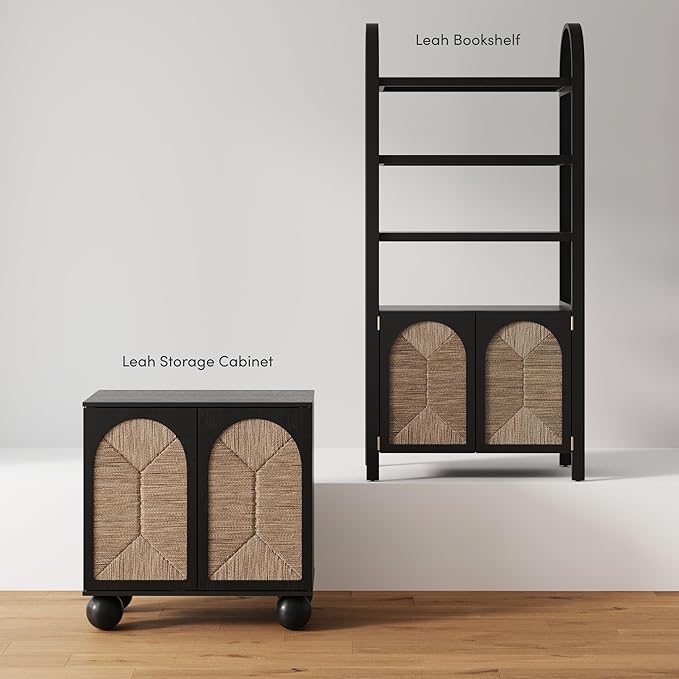 Nathan James Leah Boho TV Stand or Sideboard Cabinet for Kitchen or Living Room with Ball-Style Feet, Natural Seagrass Door Fronts and Solid Wood Legs, Black Set of 4