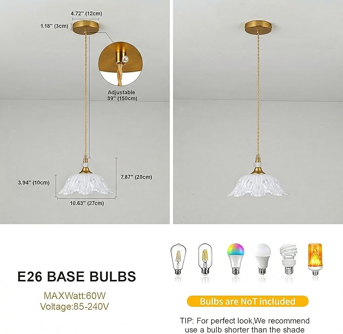 1 Piece Vintage Chandelier Light Fixtures with White Glass Shade, Matte Antique Brass Finish Pendant Light Kitchen Island, Adjustable Hanging Light for Dining Room, Hallway, Living Room, Bedroom