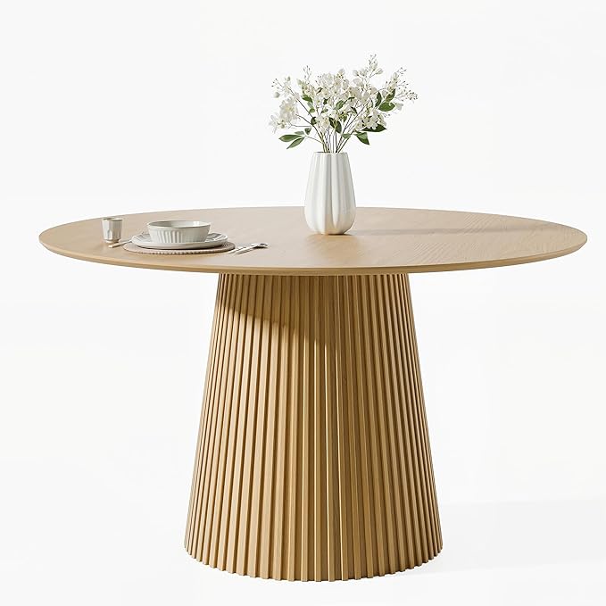 Casaphoria 46" Round Dining Table, Modern Wood Kitchen Table with Cone Grating Bar Base for Living Room & Dining Room, Easy Assembly Farmhouse Furniture for 4-6, Oak