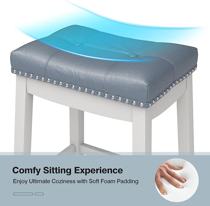 COSTWAY Bar Stools Set of 4, 24-Inch Height Backless Counter Stool with Footrest, Soft Seat Cushion, Wood Legs and Non-Slip Foot Pad, Saddle Stools for Home Kitchen Living Room, Stone Gray+White