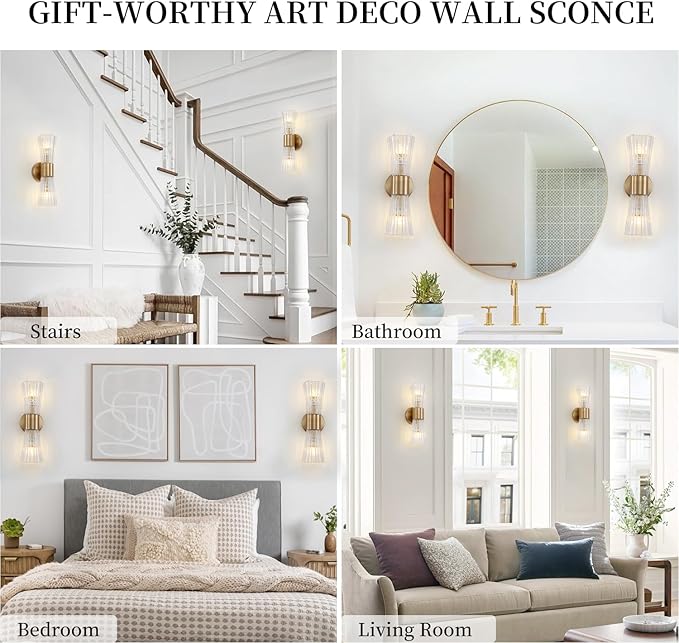 Mid-Century Modern Wall Lights with Crystal Glass Shade, 2-Light Glass Bathroom Vanitys Lights Gold Wall Sconces, Indoor Up Down Wall Mounted Lamps for Living Bedroom Hallway Hardwired
