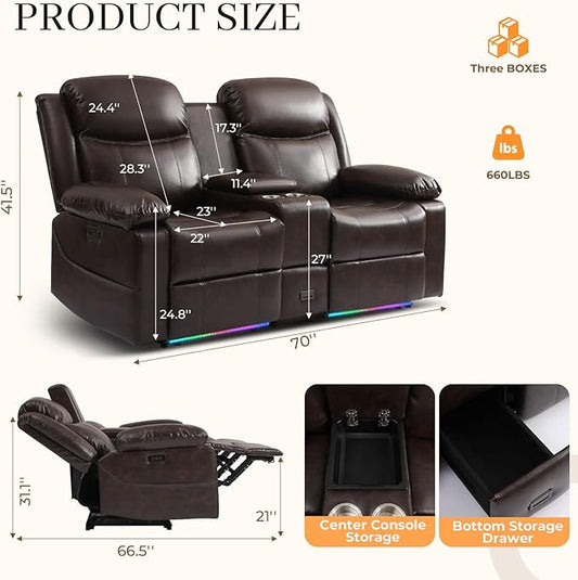 70" Power Reclining Loveseat Sofa, Electric Home Theater Seating with Motorized Buttons/Console/Storage Drawer/4 Colors Ambient Lighting/USB Port/Type-C