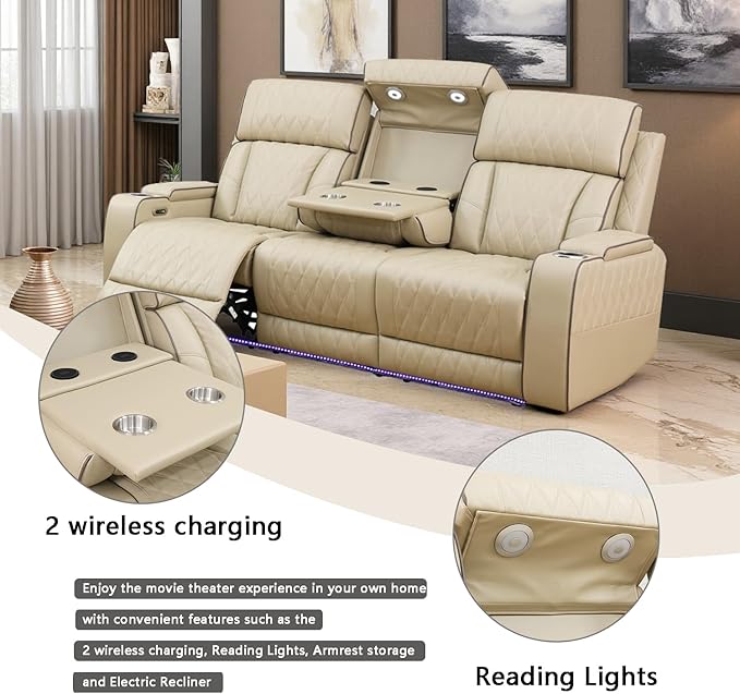 A Ainehome Power Leather Recliner Sofa Set, Recliner Sofa Sectional Couches for Living Room, Reclining Sofa, loveseat, Chair with Storage Console/Cup Holders(Khaki,Sofa)