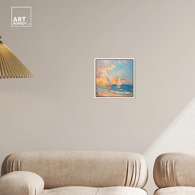 Art Remedy Sailboats In The Sunset Framed Sailing 1 Piece Canvas Wall Art, 13" x 13", White Frame