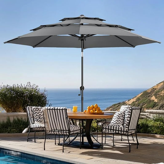 wikiwiki 10ft 3-Tier Patio Umbrella Outdoor Table Market Umbrella for Patio with Push Button Tilt/Crank, Fade Resistant Waterproof POLYESTER Canopy for Garden, Lawn, Deck, Backyard & Pool, Dark Gray
