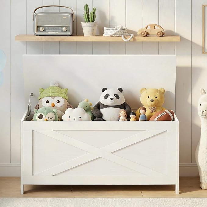 39.4" Toy Chest, Sturdy Entryway Storage Chest with Safety Hinges, Retro Toy Box, Wooden Look Accent Furniture for Living Room, Bedroom, White SCWT48101Z1