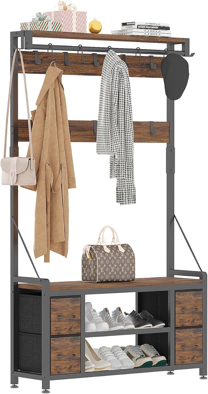 39" Hall Tree with Storage Coat Rack freestanding Entryway Furniture Bench, 5 in 1 Design Front Door Shoe Rack and Wall Rack Hooks, and 4 Drawers (Rustic Brown)