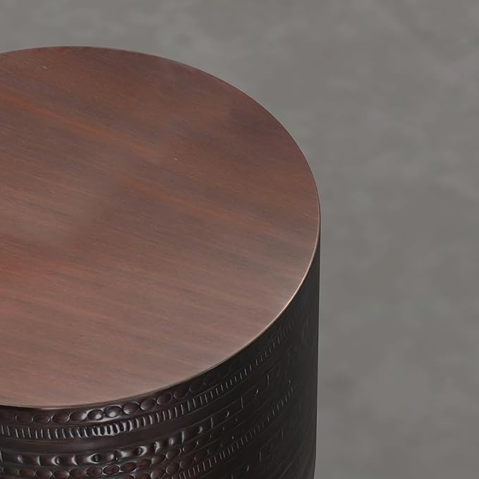 SIMPLIHOME Johnsen Tribal Accent Table – 15 inch Wide Round Metal Drum Side Table in Dark Bronze, Rustic Boho Accent Table for Living Room with Embossed Tribal Pattern, Assembled