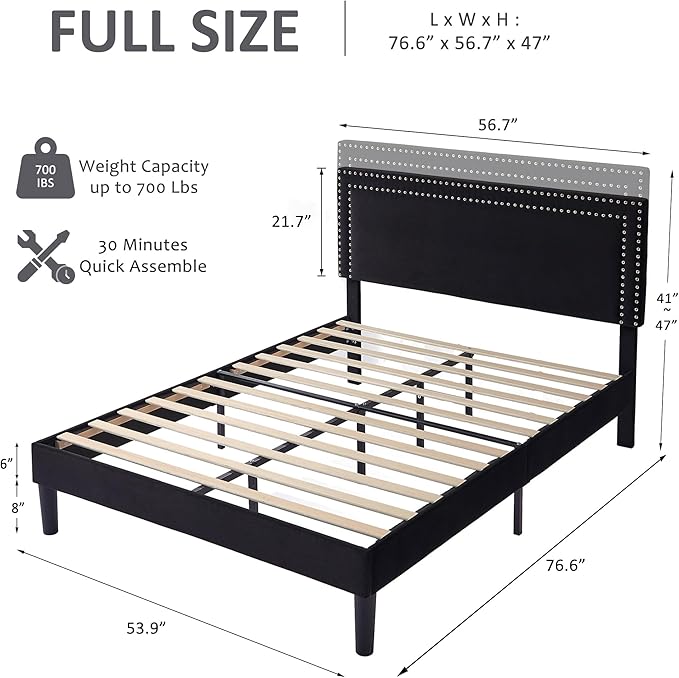 Full Size Platform Bed Frame with Adjustable Upholstered Headboard, Modern Mattress Foundation,Strong Wood Slat Support, No Box Spring Needed, Easy Assembly