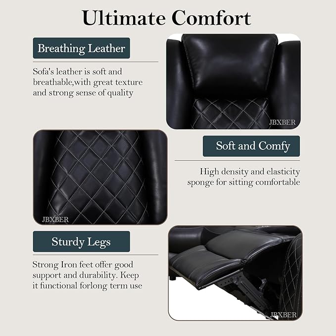 Power Recliner Sofa Set for Living Room, Leather Power Reclining Sofa Sets with LED Lights, Console Storage, Recliner Couch with USB Port(Chair,Black)