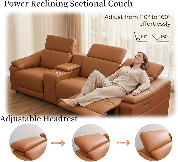 Power Recliner Sectional Sofa, L-Shaped Leather Sofa Set for Living Room, Power Reclining Sofa with USB Ports, Storage Console & Cup Holders, Breathing Leather Couch with Recliner (Orange)