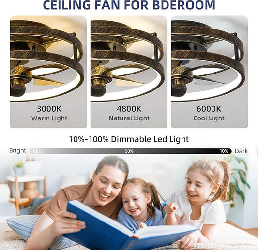 Small Ceiling Fans with Lights with Remote 13" Low Profile Flush Mount Modern Fandalier LED Smart Light Fan,Modern Lighting Fans for Bedroom Living Room (Black Golden)