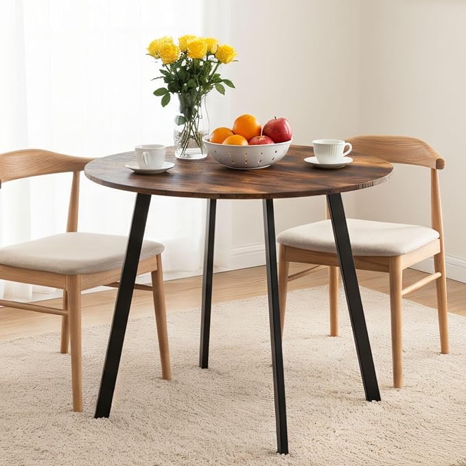 Karl home 35.4in Small Dining Table, Round Dining Table with Wood Finish Steel Legs, Circle Dinner Tables for Small Space, Apartment, Office, Kitchen, for 2 to 4 Person-Rustic Brown