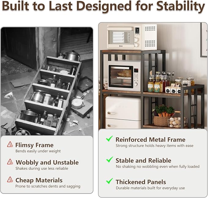 6-Tier Adjustable Mini Fridge Cabinet with Power Outlet,Kitchen Bakers Rack with Storage,Mini Fridge and Microwave Stand,Coffee Bar, Free Standing Shelf for Kitchen, Home Office,Rustic Brown