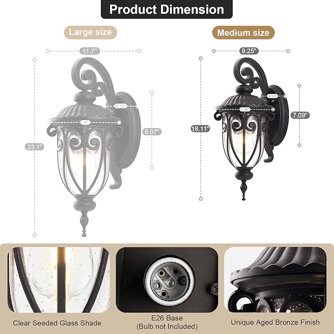 18 Inch Outdoor Porch Light with Wall Mount, Antique Bronze Exterior Wall Sconce Lantern for Garage, Vintage Outer Patio Lights Fixture for Outside House, Front Door, Entryways
