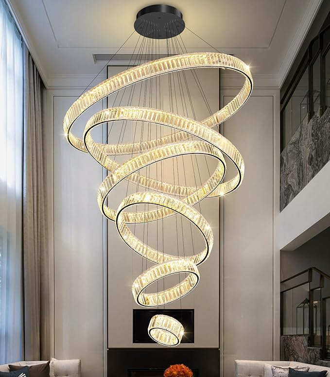 Large Ring Chandelier Modern Crystal Chandeliers for High Ceiling Round LED Dimmable Ceiling Light Fixture for Foyer Long Stair Black 8''+16''+24''+32''+40''+47''
