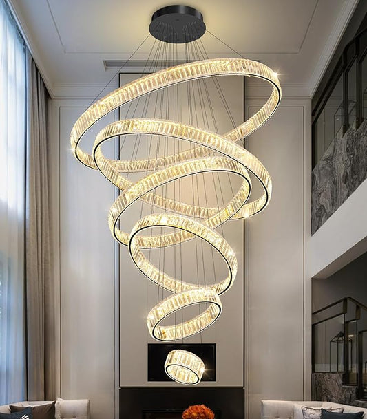 Large Ring Chandelier Modern Crystal Chandeliers for High Ceiling Round LED Dimmable Ceiling Light Fixture for Foyer Long Stair Black 8''+16''+24''+32''+40''+47''
